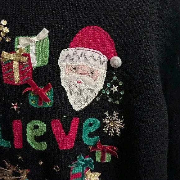 Black Long Sleeve Christmas Santa Believe Sweater Size XL - Picture 3 of 10